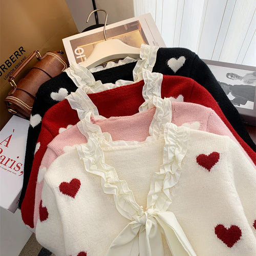 Load image into Gallery viewer, Winter Sweet Patchwork Heart Embroidery Knitting Sweaters Women Long Sleeved Bow Ruffles V-neck 2024 New Fashion Cardigan Tops
