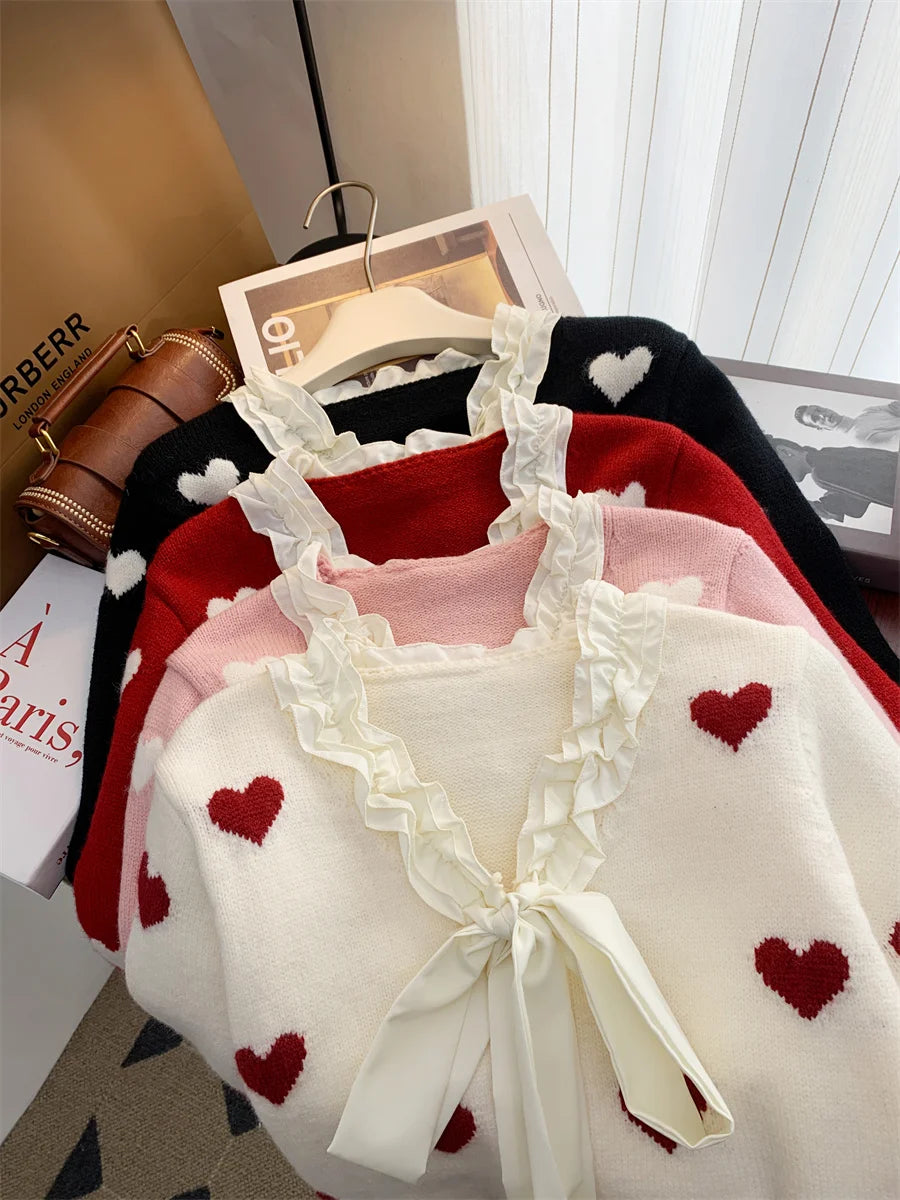 Winter Sweet Patchwork Heart Embroidery Knitting Sweaters Women Long Sleeved Bow Ruffles V-neck 2024 New Fashion Cardigan Tops