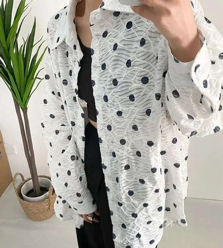 Women White Dot Big Size Elegant Blouse New Lapel Long Sleeve Loose Fit Shirt Fashion Tide Spring Autumn 2025 1DF7781