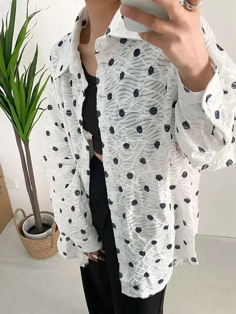 Women White Dot Big Size Elegant Blouse New Lapel Long Sleeve Loose Fit Shirt Fashion Tide Spring Autumn 2025 1DF7781