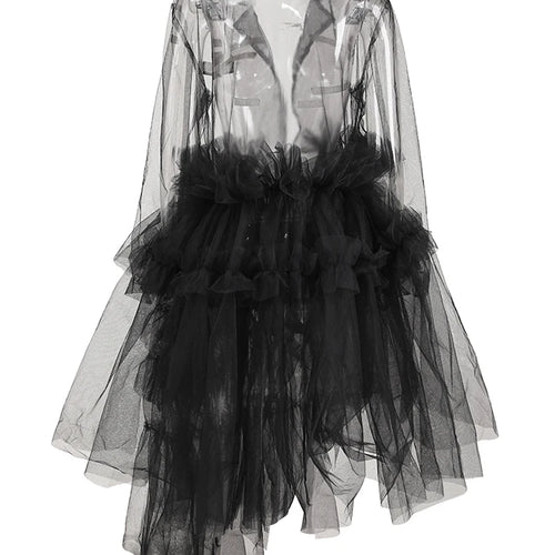 Load image into Gallery viewer, Women Black Mesh Ruffles Perspective Long Blazer New Lapel Long Sleeve Jacket Fashion Tide Spring Summer 2025 CPDB110
