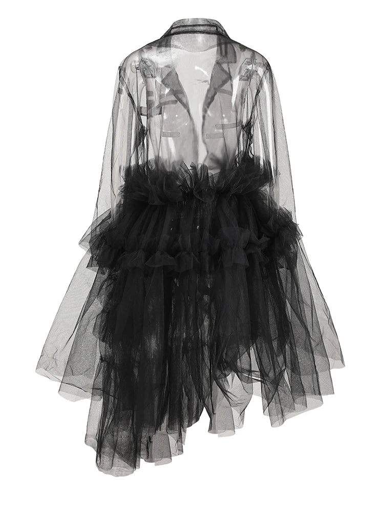 Women Black Mesh Ruffles Perspective Long Blazer New Lapel Long Sleeve Jacket Fashion Tide Spring Summer 2025 CPDB110