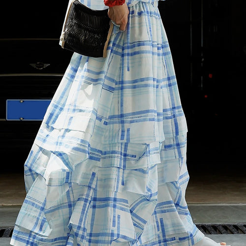 Load image into Gallery viewer, High Elastic Waist Blue Plaid Pleated Casual Long Bud Half-body Skirt Women Fashion Tide New Spring Autumn 2025 1DJ1114
