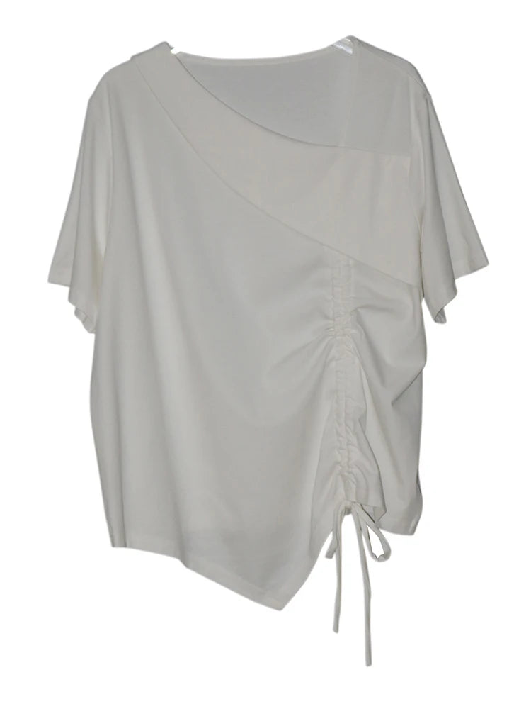 Women Black Irregular Drawstring Big Size T-shirt New Skew Collar Short Sleeve Fashion Tide Spring Summer 2025 1DJ1374