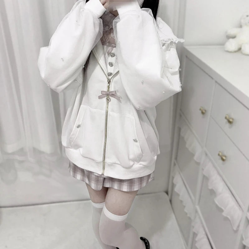 Japanese Pearl Gauze Patchwork Coats Women Y2k Aesthetic Lace Rabbit's Ears Jackets Casual Oversized Harajuku Kawaii Hoodies Top