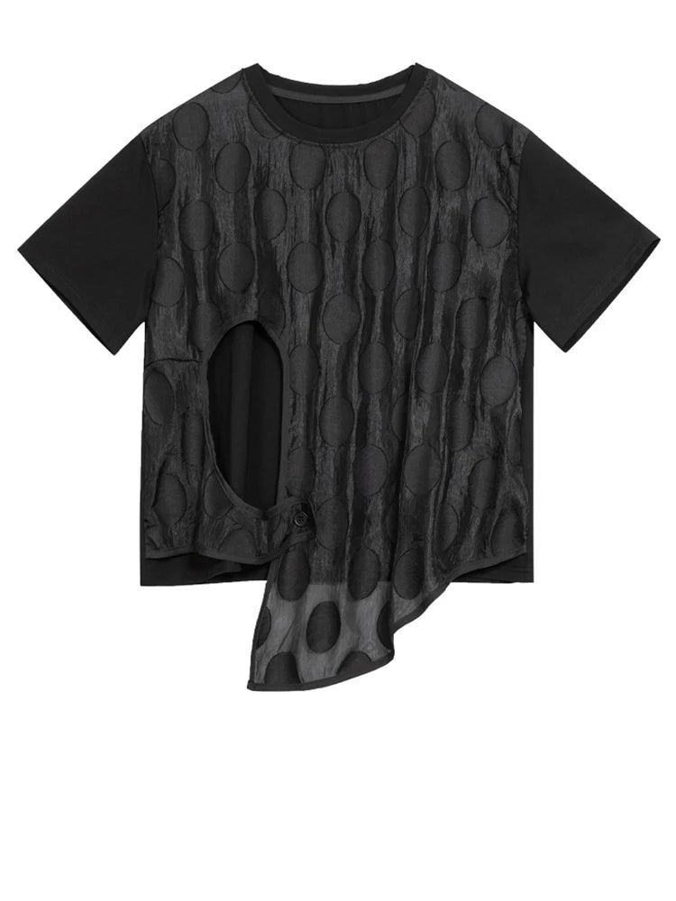 Women White Dot Printed Irregular Big Size T-shirt New Round Neck Short Sleeve Fashion Tide Spring Summer 2025 1DJ1011