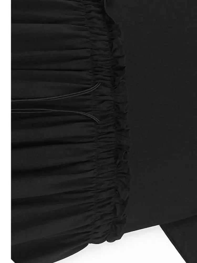 Women Black Pleated Drawstring Big Size Midi Dress New Round Neck Short Sleeve Fashion Tide Spring Summer 2025  1DH6181
