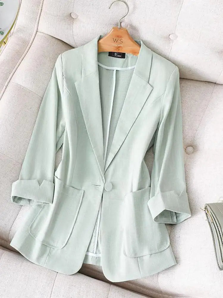 Black White Blazer Tops For Women Chic Elegant Ladies Green Seven-point Sleeve Jacket Spring Summer New 2024 Suit  Fashion Trend