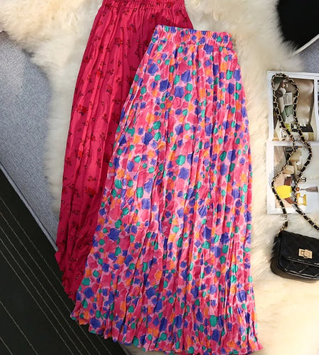 Vintage Floral Print Skirt Women's Summer Sweet Pleated Skirt Elastic High Waist A-line Fashion Plissee Skirts Elegant