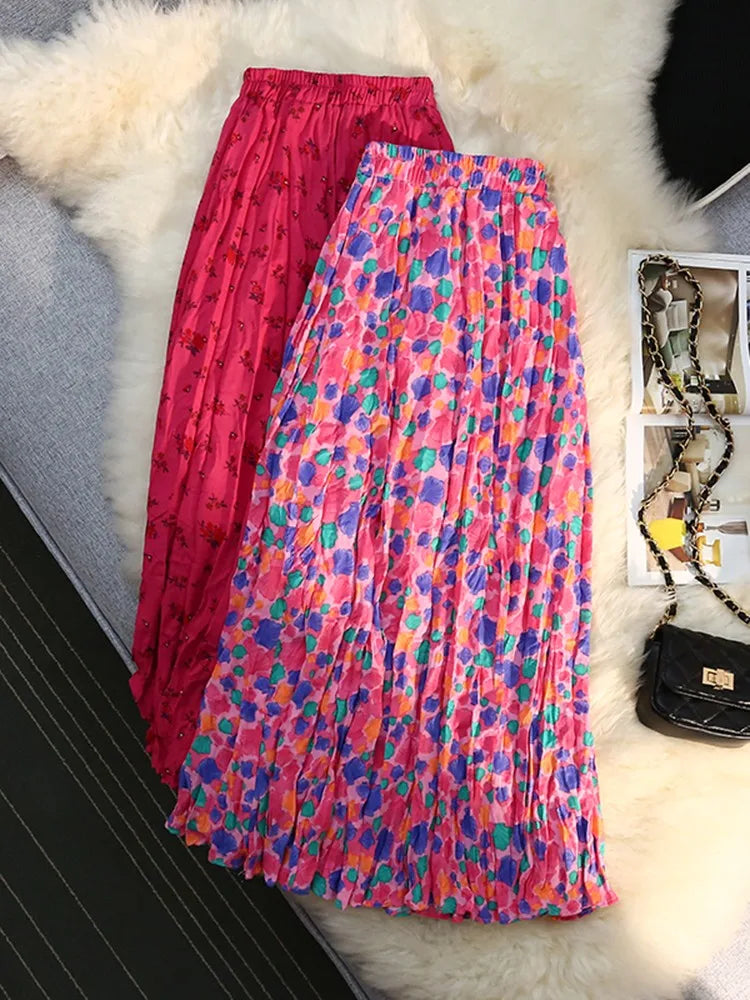 Vintage Floral Print Skirt Women's Summer Sweet Pleated Skirt Elastic High Waist A-line Fashion Plissee Skirts Elegant