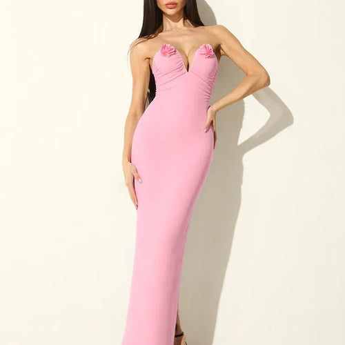 Load image into Gallery viewer, Rose Strapless Sexy Maxi Dress Women Pink Gown Off-shoulder V Neck Backless Sleeveless Bodycon Beach Club Long Dress
