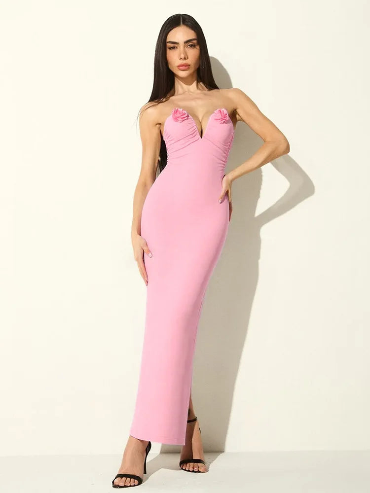 Rose Strapless Sexy Maxi Dress Women Pink Gown Off-shoulder V Neck Backless Sleeveless Bodycon Beach Club Long Dress