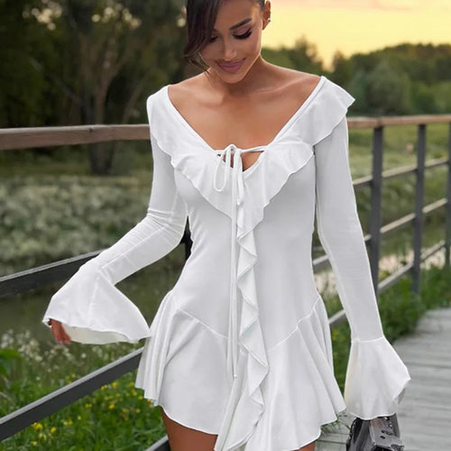 Load image into Gallery viewer, Sexy Deep V Ruffled Bodycon Short Skirt For Women 2024 Fall Ruffled Flared Sleeves Party Evening Dress Street Clothing
