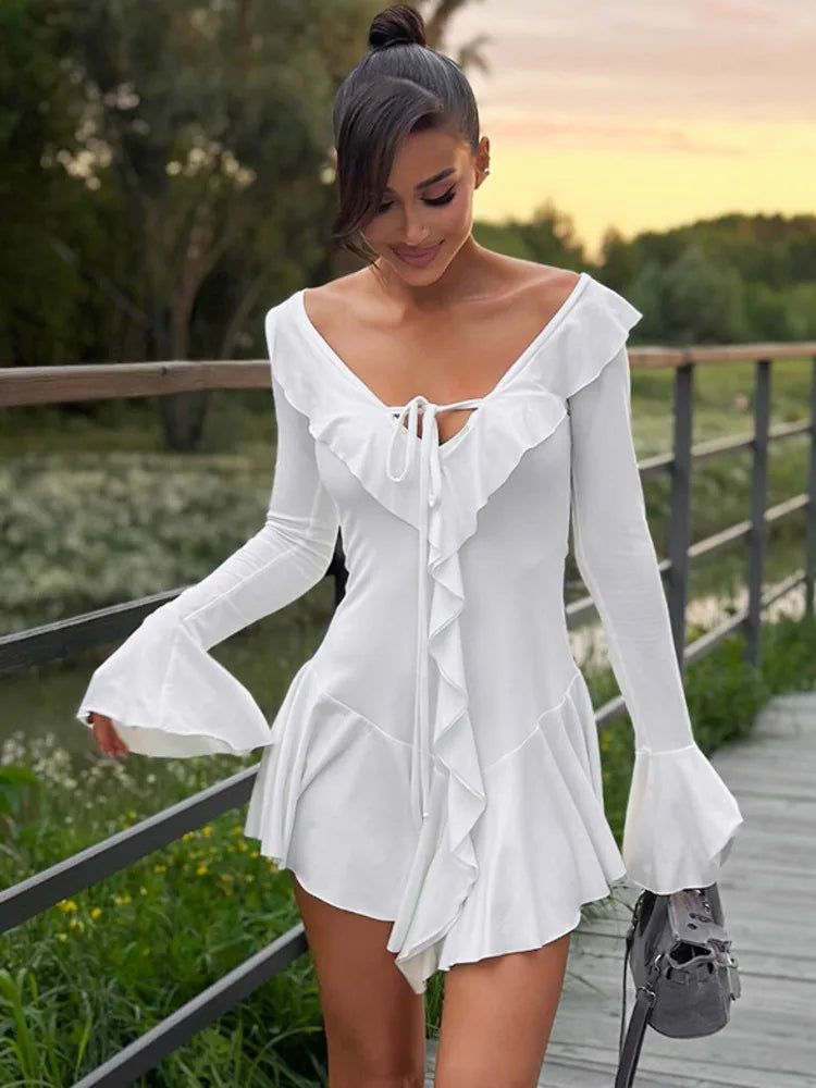 Sexy Deep V Ruffled Bodycon Short Skirt For Women 2024 Fall Ruffled Flared Sleeves Party Evening Dress Street Clothing