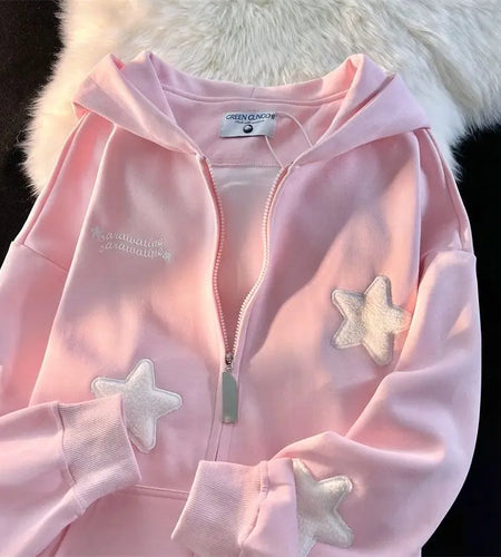 Streetwear Embroidery Star Hoodie Women Clothing Thicked Zipper Hooded Jackets Y2k Tops Casual Fashion Vintage Sweatshirts Coat