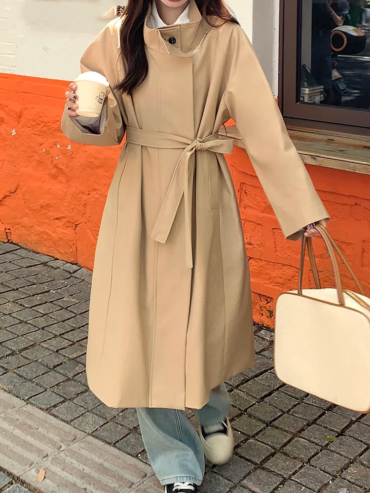 Women Khaki Double Layers Big Size Long Trench New Lapel Long Sleeve Windbreaker Fashion Tide Spring Autumn 2025 1DH9732
