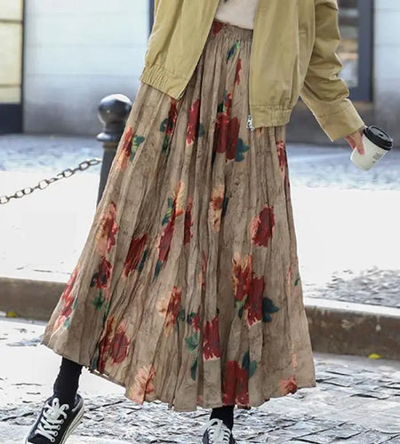 Spring Summer French Retro Brown Print Slim Long Skirt Women High Waist Elegant Vacation Pleated Skirt Bohemian Popular Fashion