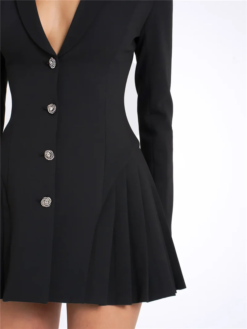 Autumn Black Blazer Mini Dress For Women Fashion V Neck Single-breasted Long Sleeve High Waist Pleated Sexy Dress