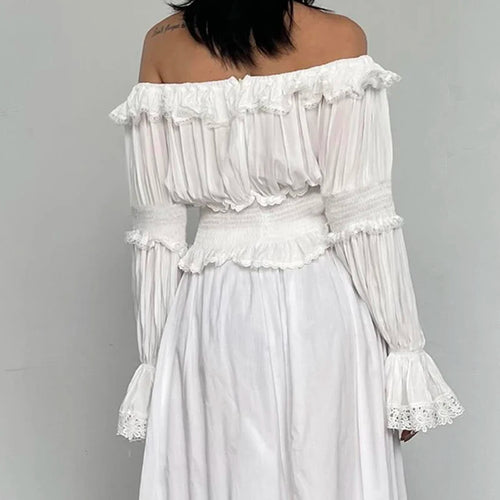 Load image into Gallery viewer, Y2K Aesthetics Ruffles Edge Slash Neck Blouses For Women Chic Lace Patchwork White Autumn Shirts French Ruffles Beach
