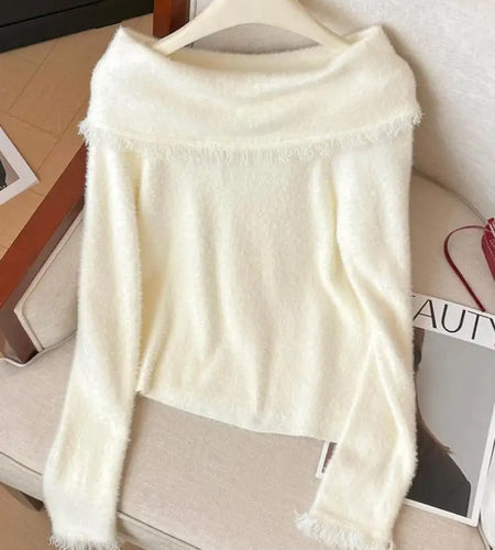 Korean Fashion Autumn Winter White Tassels Elegant Long Sleeves Knit Sweater Women's Office Pullover Short Tops Streetwear Trend