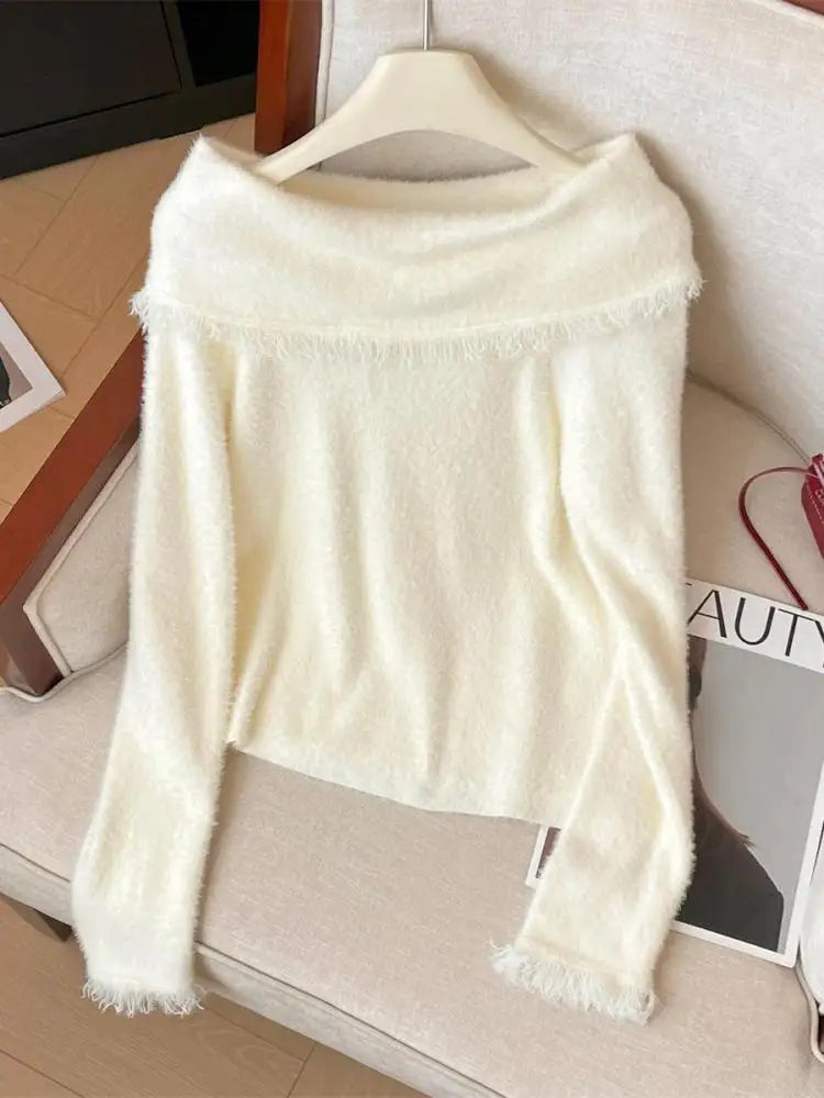 Korean Fashion Autumn Winter White Tassels Elegant Long Sleeves Knit Sweater Women's Office Pullover Short Tops Streetwear Trend
