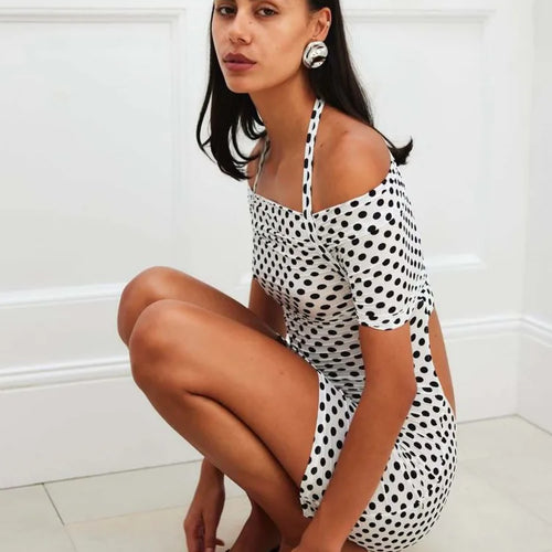 Load image into Gallery viewer, Elegant Sleeveless One Shoulder Elastic Tight Hollow Mini Dress Polka Dots Women Sexy Slimming Party Club Evening Dress
