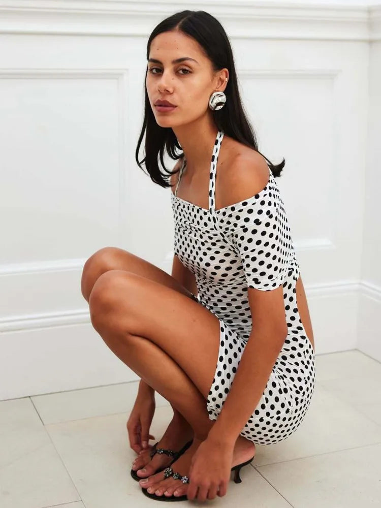 Elegant Sleeveless One Shoulder Elastic Tight Hollow Mini Dress Polka Dots Women Sexy Slimming Party Club Evening Dress