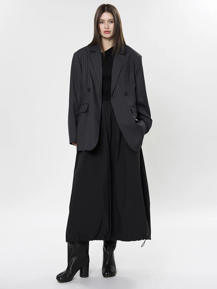 Women Black Gray Striped Back Zipper Slit Big Size Blazer New Lapel Long Sleeve Jacket Fashion Spring Autumn 2025 1DH9499