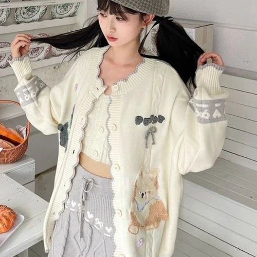 Load image into Gallery viewer, 2025 Preppy Style Cartoon Embroidery Cardigans Y2k Aesthetic Women Contrast Color Patchwork Sweater Streetwear Kawaii Cute Coats
