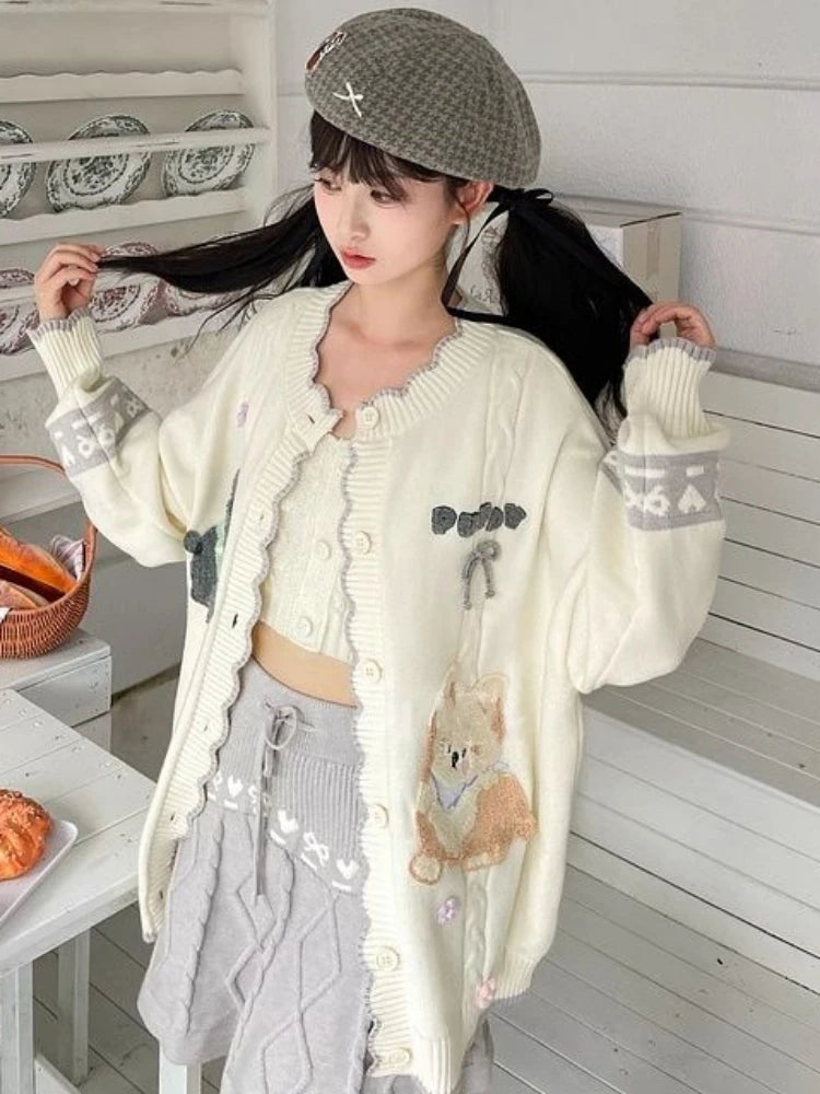 2025 Preppy Style Cartoon Embroidery Cardigans Y2k Aesthetic Women Contrast Color Patchwork Sweater Streetwear Kawaii Cute Coats
