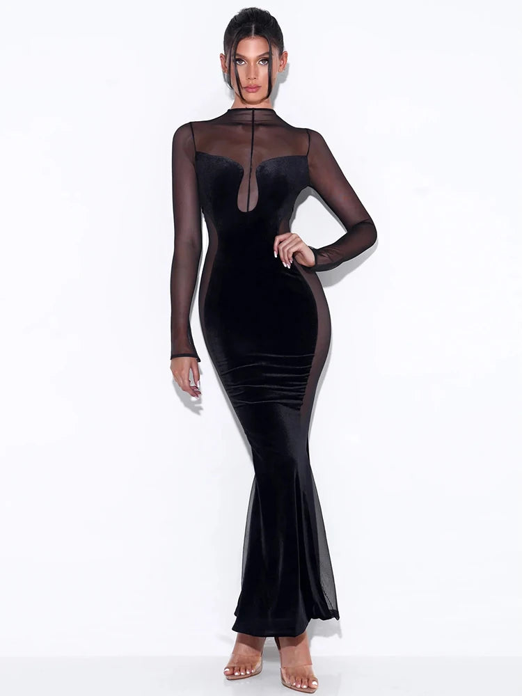 Patchwork Sexy See Through Mesh Women Dress Green Long Sleeve Evening Dress Female Autumn Skinny Elegant Party Clubwear