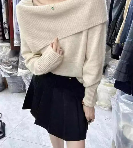 Korean Version Solid Square Neck Loose Cotton Crochet Sweater Autumn Winter Women Long Sleeve Casual Warm Pullover Tops Popular