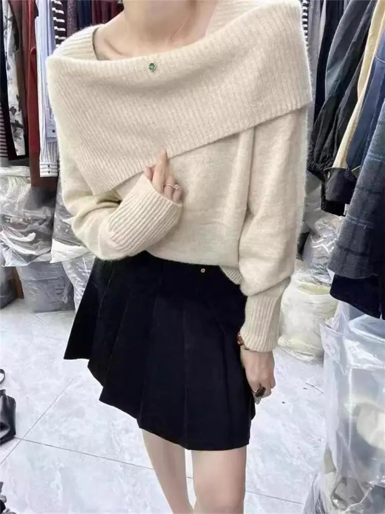 Korean Version Solid Square Neck Loose Cotton Crochet Sweater Autumn Winter Women Long Sleeve Casual Warm Pullover Tops Popular