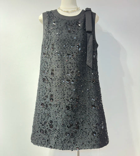 Loose Spliced Sequins Temperament Dresses for Women Round Neck Sleeveless Patchwork Bowknot Dress Female Clothing