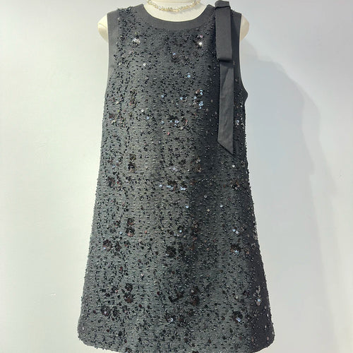 Load image into Gallery viewer, Loose Spliced Sequins Temperament Dresses for Women Round Neck Sleeveless Patchwork Bowknot Dress Female Clothing
