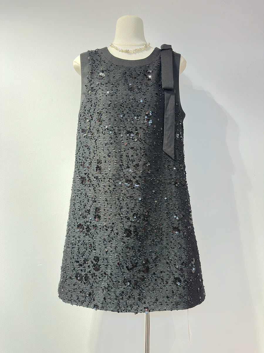 Loose Spliced Sequins Temperament Dresses for Women Round Neck Sleeveless Patchwork Bowknot Dress Female Clothing