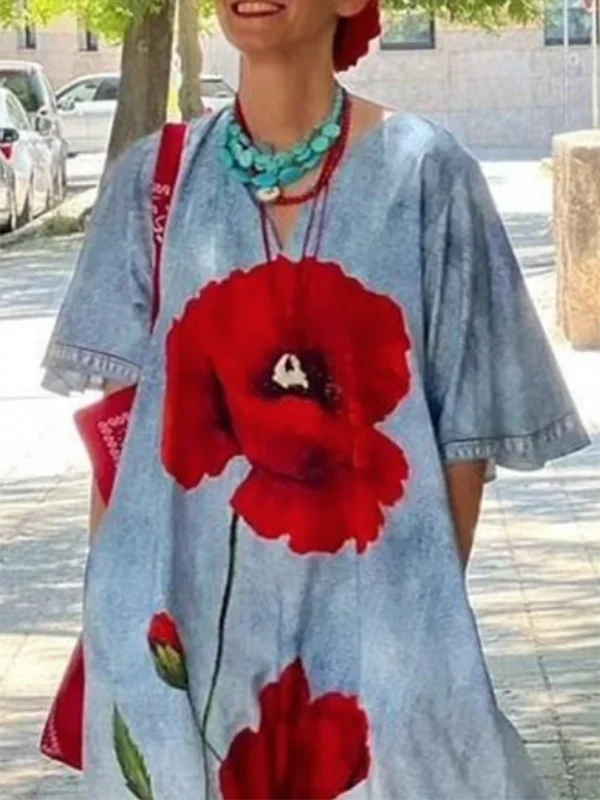 Loose Flower Print Maxi Dress for Woman Not Denim Vintage Half Sleeves V-neck Women's Summer Casual Vacation Long Dress