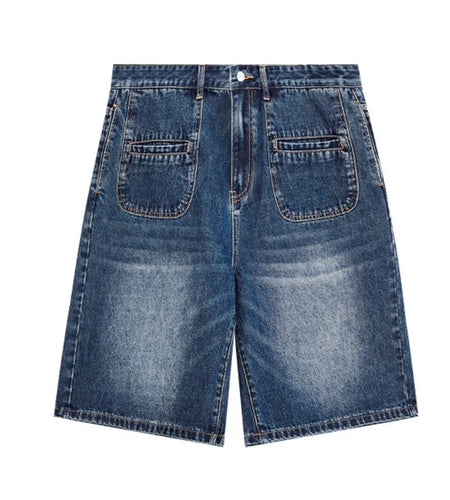 High Street Men's Shorts Denim Front Pocket Washed Solid Color Casual Bottom Straight Wide Leg Loose Male Jeans 9C8681