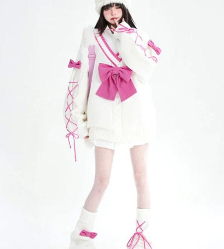 2025 Sweet Contrast Color Grunge Sweaters Fashion All Match Streetwear Bandage Pullover Y2k Aesthetic Loose Bow Jumpers Women