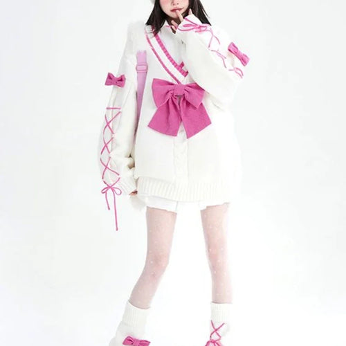 Load image into Gallery viewer, 2025 Sweet Contrast Color Grunge Sweaters Fashion All Match Streetwear Bandage Pullover Y2k Aesthetic Loose Bow Jumpers Women
