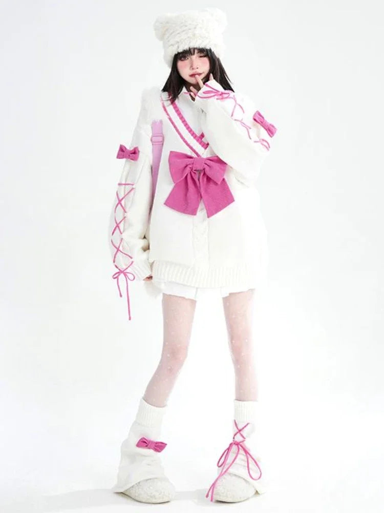 2025 Sweet Contrast Color Grunge Sweaters Fashion All Match Streetwear Bandage Pullover Y2k Aesthetic Loose Bow Jumpers Women