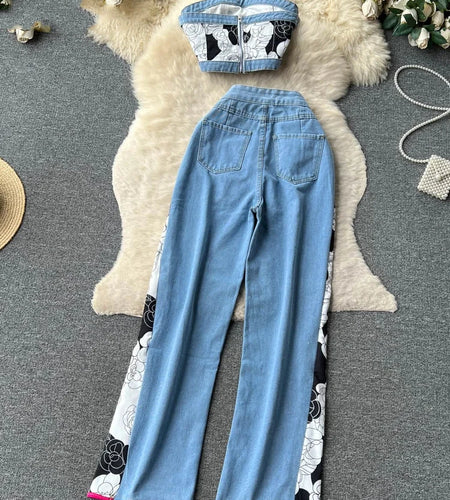 Women Hotsweet Two Pieces Denim Suits Strapless Mini Zipper Top+Wide Legs Long Pants Painting Fashion Y2K Sexy Sets