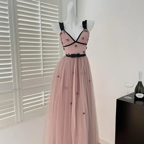 Load image into Gallery viewer, French Pink Patchwork Diamond V Neck High Waist Pleated Slip Dress For Women Summer 2025 New Backless Vacation Evening Dress New
