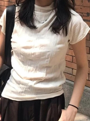 Y2k Aesthetic Half High Collar Vintage Tees Streetwear Casual Solid Fairy Pleated Tshirts Women Harajuku Grunge Slim Fit Tops