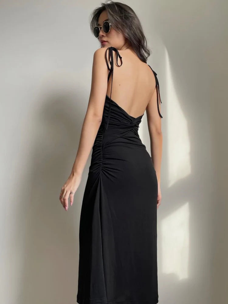 Fashion Strappy Ruched Sexy Black Dress Irregular Elegant Backless Long Dress Party Summer Dresses Women Clothes