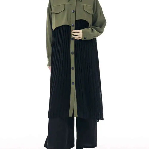 Load image into Gallery viewer, Women Army Green Pleated Spliced Big Size Midi Shirt Dress New Lapel Long Sleeve Fashion Tide Spring Autumn 2025 1DH6927
