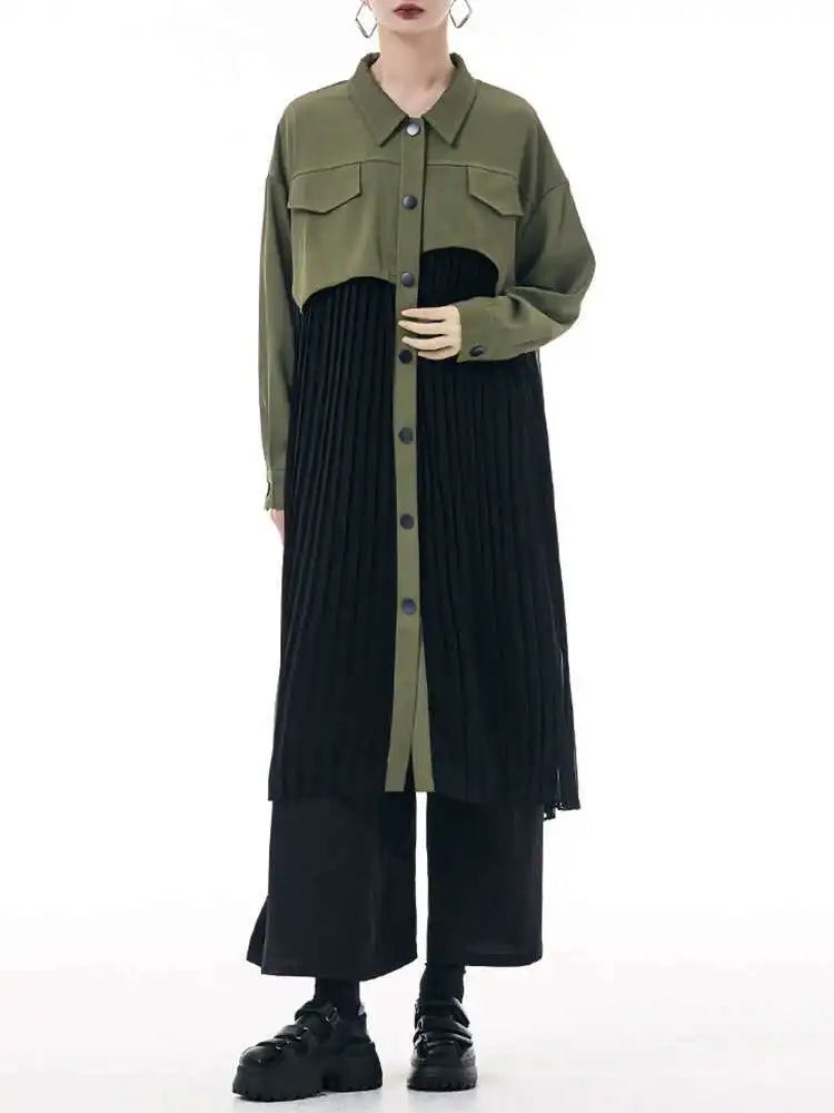 Women Army Green Pleated Spliced Big Size Midi Shirt Dress New Lapel Long Sleeve Fashion Tide Spring Autumn 2025 1DH6927