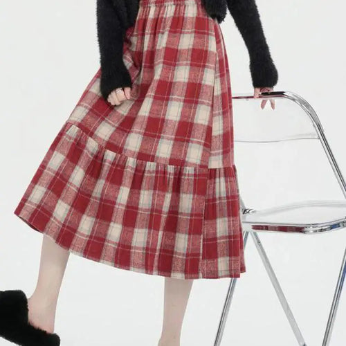 Load image into Gallery viewer, French Vintage Autumn Winter Red Plaid Elegant Pleated Long Skirt For Women's High Waist Festival Ruffles A-line Skirts 2024 New
