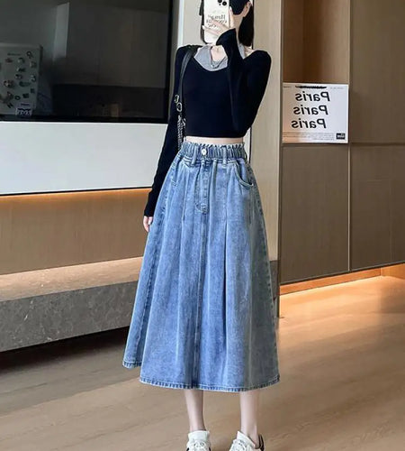 Vintage Women's Blue Elegant Plus Size Denim Jean Skirt Autumn And Winter High Waist Button Vacation Pleated Long Skirts Popular
