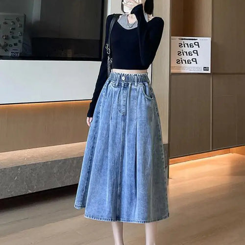 Load image into Gallery viewer, Vintage Women's Blue Elegant Plus Size Denim Jean Skirt Autumn And Winter High Waist Button Vacation Pleated Long Skirts Popular
